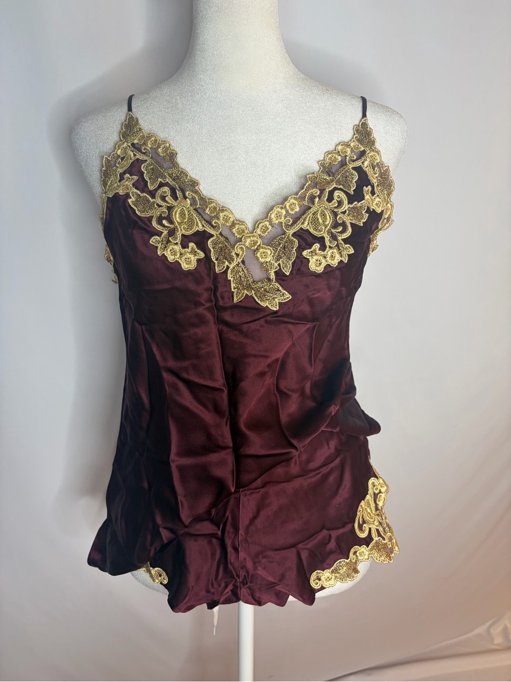 La Perla Burgundy Camisole with Gold Lace Trim Set Chemise